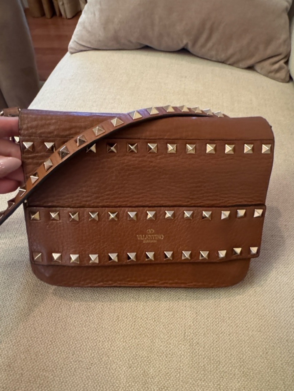 Valentino Tan Leather Crossbody with Gold Hardware and Red Logo Patch